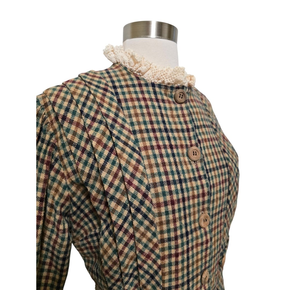 Vintage Womens Blazer Jacket Plaid Wool Prairie Jacket Lace Collar Cottagecore